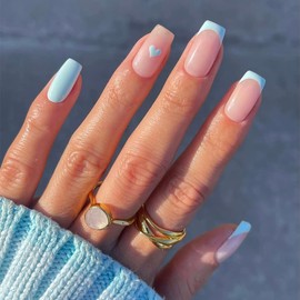 Sethexy Valentine's Day French Nails for Sticking Short Square False Nails Love Heart Press On Nails Shiny Fake Nails Pack of 24 Acrylic Artificial Nails