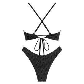 ZAFUL Women's V Neck Bikini Set High Waisted Swimsuits Lace Up Bow Decor Cheeky Two Piece Bathing Suit(2-Black, Small)