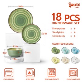 Sweese Plates and Bowls Sets, 18 Piece Dinnerware Set Porcelain Round Dinner Set for 6, Scratch Resistant Dishes Set, Dishwasher and Oven Microwave Safe Handpainted Swirl Dishware Sets, Assorted Green
