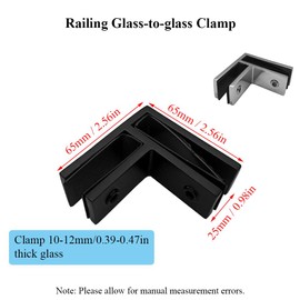 Glass to Glass Clamp 90 Degree Stainless Steel Black Railing Clamp Railing Corner Brackets (10-12mm Glasspanel) for Fence, Balustrade, Balcony (2Pcs)
