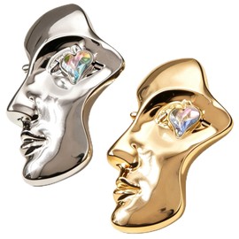 2Pcs Abstract Face Brooch Pin with Heart Crystal Eyes, Gold & Silver Plated Modern Art Statement Brooch, Unique Human Face Lapel Pin for Women, Creative Jewelry Gift for Coat, Scarf
