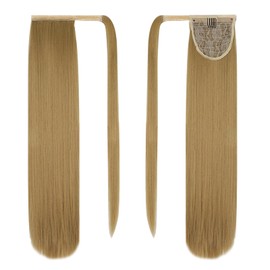 DAVBNM Ponytail Extension, 24 Inch Long Straight Pony Tail Synthetic Hairpieces Fake Pony Tails Hairpiece for Women, Long Wrap Around Pony-tail Hair Extension, Blonde Mixed