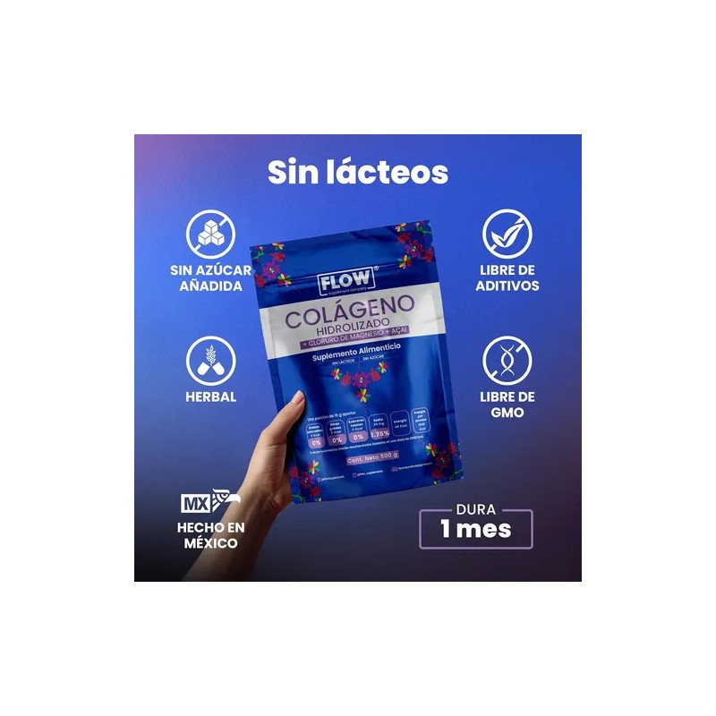 Colágeno Hidrolizado Cloruro De Magnesio 500 Grs Flow Sabor Açaí