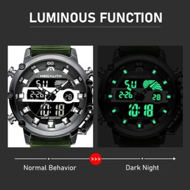 MEGALITH Mens Watches Digital Black Military Watch Sports Waterproof Analog Quartz Multifunctional Tactical Heavy Duty Men's Wrist Watches, LED Dual Time Backlight Alarm Stopwatch, Green Nylon Watch