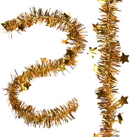 NAUZE 10M Christmas Star Tinsel Garland Christmas Tree Garland Decoration Tinsel Hanging Garland Gold Glittery Metallic Streamers (Gold)