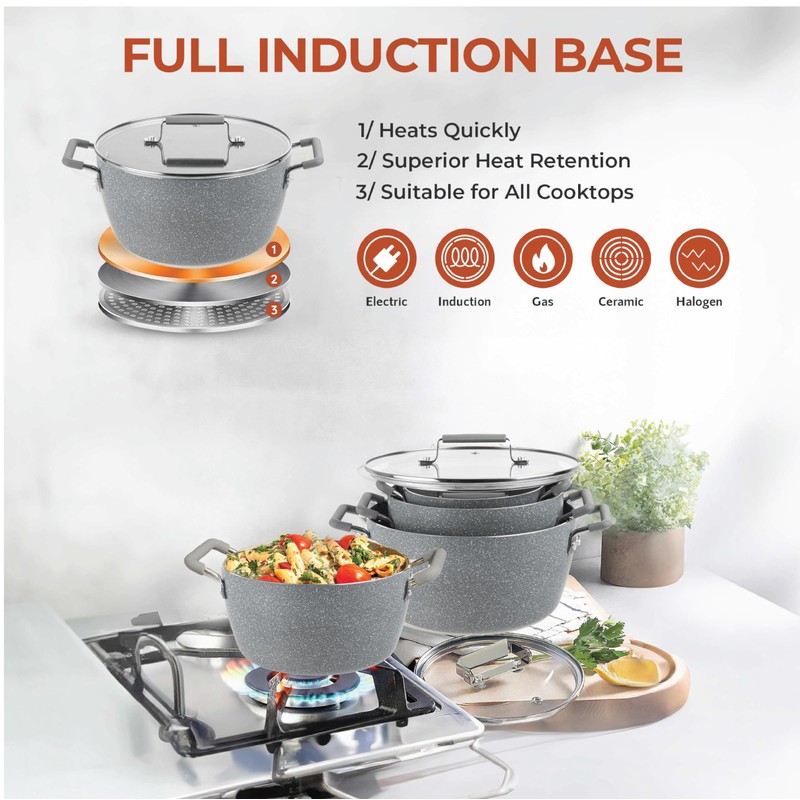 Granitestone Gray Pots and Pans Set Nonstick, 6 Stackable Piece