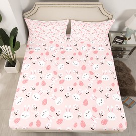 Kawaii Bunnies Fitted Sheet Queen Size Kids Rabbit Bedding Set for Boys Girls Teens Cute Animal Bed Sheet Set Breathable Flowers Bed Cover Deep Pocket Lovely Animal Room Decor Pink