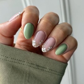 24Pcs Press on Nails Medium Short Almond French Tip with Nude Green Flowersr Design Acrylic Nails Fake Nails Thick Glossy Full Cover Glue on Nails Stick on Nails for Women JP3782