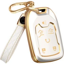 Lucrum for Chevy Suburban Key Fob Cover and Leather Keychain - TPU Key Case for GMC Acadia Sierra Tahoe Terrain Yukon - 2014-2023 Keyfob Cover for Silverado HYQ1AA - White and Gold