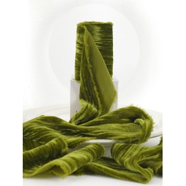 HUIHUANG Olive Green Velvet Ribbon 3" with Frayed Fringe, Christmas Green Velvet Ribbon Crinkled Silk Velvet Ribbon for Wreaths, Tree Decor, Garland, Flower Bouquet, Gift Wrapping, Wedding Decor