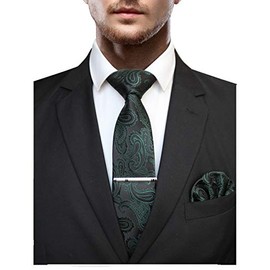 JEMYGINS Men's Stylish & Elegant Paisley Tie and Pocket Square with Tie Clip Set - Green, size: m