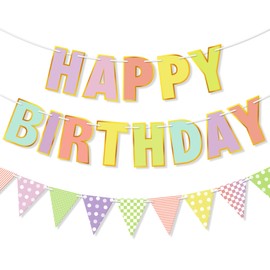 Pastel Happy Birthday Banner Macaron Party Decorations Rainbow Birthday Sign Supplies For Men & Women & Girls & Boys & Kids