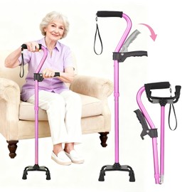 XIAOMING 6 Gear Adjustable Quad Cane，Quad Cane Portable Stick Men & Women and Seniors，for Balance, Knee Injuries, Leg Surgery Recovery & Mobility-Pink