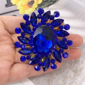 SELOVO Flower Rhinestone Statement Brooch Pin Broach Antique Gold Tone (Blue)