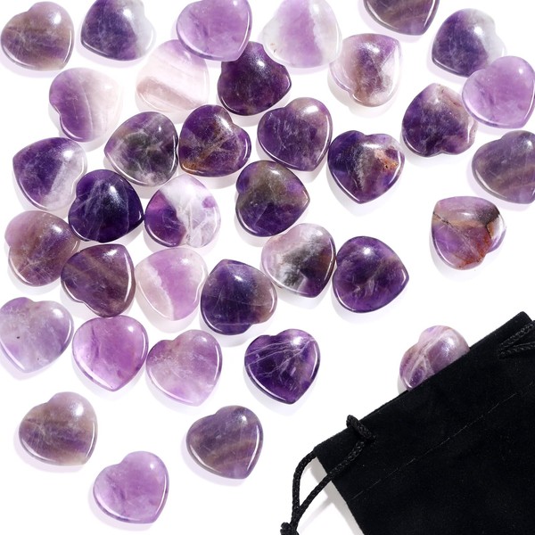 24 Pieces 0.8 Inches Rose Quartz Crystal Heart Love Stones Aventurine Heart Worry Stones Love Carved Palm Worry Stone with Black Flannelette Bag for Reiki Balancing Wedding Decoration (Purple)