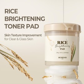 SKINFOOD Rice Brightening Toner Pad, Korean Skincare Face Toner Pads with 48 Hours Fermented Rice Water for Glow Glass Skin, Hydrating, 100% Cotton Pad, Vegan, 8.81 oz(60 Pads)
