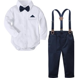 A&J DESIGN - Traje de bebé y niño, para caballero, formal, para boda, con pajarita, White Navy-2, 3-6 Meses