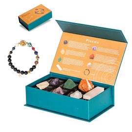 YGLINE Constellation Stone Box,Crystals Gift Set, Zodiac Signs Healing Crystals Birthstones with Beaded Bracelet, Box Set Gifts (Pisces)