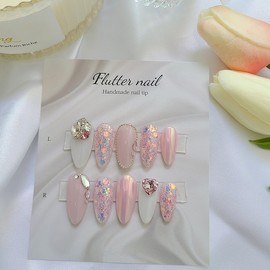 Lovely pink glitter handmade nail tip - Short Square / 러블리 핑크 글리터 수제네일팁 - 숏스퀘어
