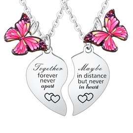 2PCs Best Friend Heart Matching Necklace Friendship Gifts for Best Friend Necklace Long Distance Relationship Friendship Necklace Pink Butterfly Charm Matching Gifts for Bestie Friends Sister Christmas Birthday Gifts