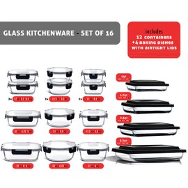 EATEX Multi Set 12pk Glass Food Storage Containers with Lids for Meal Prep + 4pk Glass Casserole Baking Dishes for Oven Baking Pans Set, Microwave & Oven Safe Glass Food Containers for Kitchen