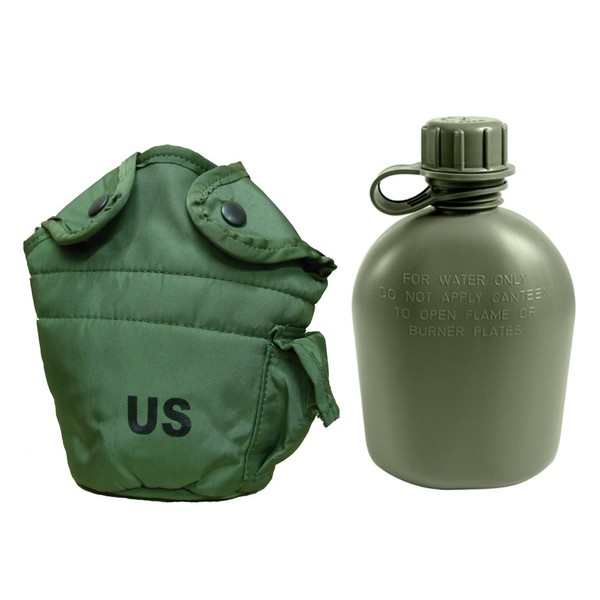 Military Outdoor Clothing Previously Issued U.S. G.I. 1 Quart Olive Drab Military Canteen Nylon Cover with Never Issued 1 Quart Olive Drab Canteen