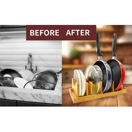 Bamboo Pot Lid Organizer for Cabinet & Kitchen Counter, Pan Lid Organizer Inside Cabinet, Pot Lid Holder, Sheet Pan Rack, Adjustable Pot Cover Holder Rack for Countertop, Under Cabinet Black