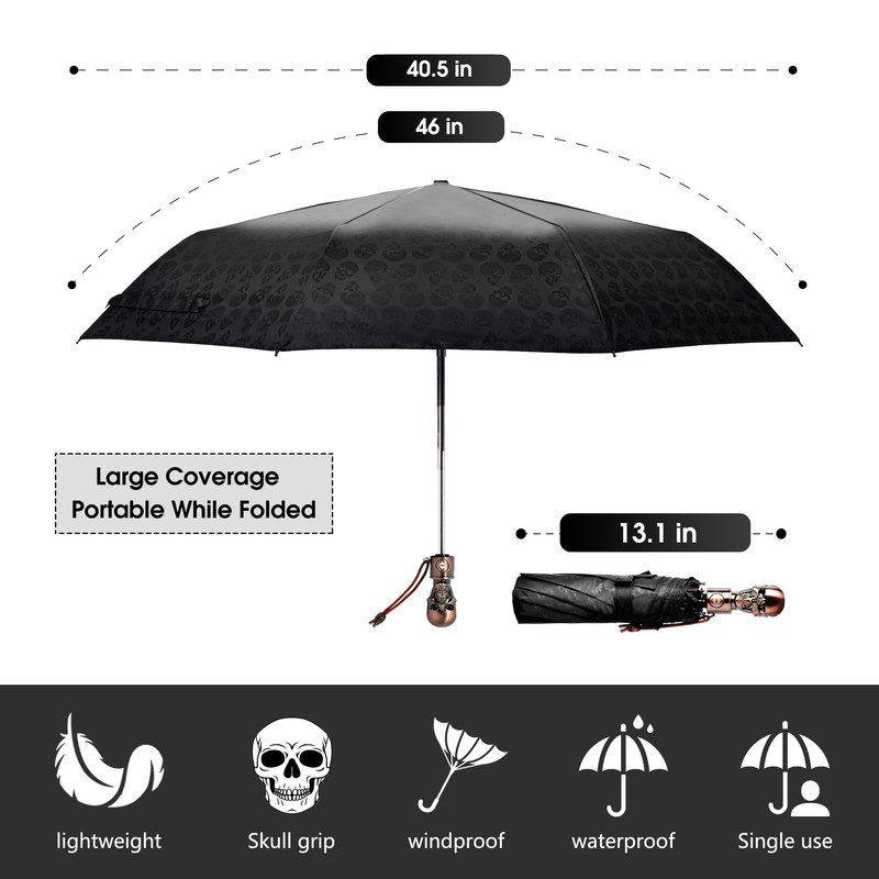 PTGRSWK Gothic Umbrella - Skull Handle, Compact Small Travel Umbrella