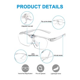OKH - Lupas manos libres con luz, bloqueo de luz azul 160% de aumento y luces LED duales, incluye lupas plegables para trabajos cercanos, lectura, manualidades