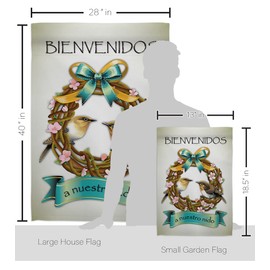 Bienvenidos a Nuestro Nido Garden House Flag - Kit Friends Birds Flamingo Hummingbird Cardinal Peacock Springtime Natural Wildlife - Banner Small Yard Gift Double-Sided Made in USA 28 X 40