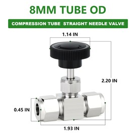 TAISHER 1PCS 304 Stainless Steel Compression Tube Square Straight Needle Valve 8MM Tube OD x 8MM Tube OD for Flow Control Water Gas Oil