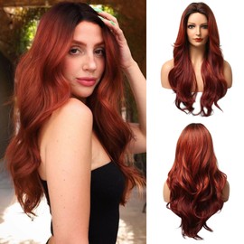 Esmee 24 Inch Ombre Red Brown Wigs for Women Synthetic Heat Resistant Fibre Natural Long Wave Wigs for Daily Party Cosplay Wear