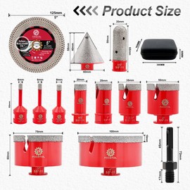 Diamond Tile Hole Saw Kit 13pcs - (6/6/8/20/35/50/75/100mm+20mm Milling Bit+50mm Chamfer Bit+SDS+115mm Saw Blade) Diamond Core Drill Bit Set for Porcelain Tile Ceramic Marble Granite FOCSTOL