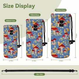 Neoprene Water Bottle Carrier Bag with Adjustable Shoulder Strap for Men Women Walking Hiking,Portable Insulated Holder Case for Stainless Steel/Glass/Plastic Bottles (Mushroom Squirrel, 1000ML)