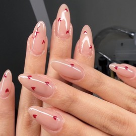 Press On Nails Medium Almond Fake Nails Nude With Red Heart Designs Full Cover Acrylic Nails Cute Valentines Glue on Nails for Women and Girls Decoration
