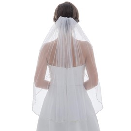 SAMKY Alternating Wavy Crystal Pearl Beaded Bridal Wedding Veil, White, Elbow Length 30"