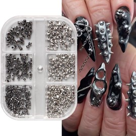 Goth Nail Charms 3D Mini Metal Punk Nail Art Rhinestones Black Silver Alloy Nail Rivets Mixed Sizes Y2k Nail Gems Flat Back Cone Spikes Nail Jewels for Women Nail Accessories DIY Crafts Decorations