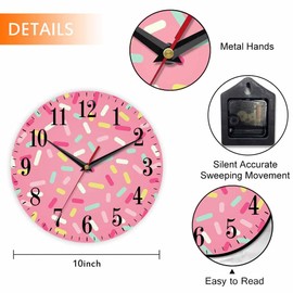 Mxocom Pink Donut Glaze Wall Clock Ice Cream Chocolate Colorful Sprinkles 10 Inch Silent Non Ticking Battery Operated Clock Vintage Round Clock for Living Room Bedroom Bathroom Office Decor