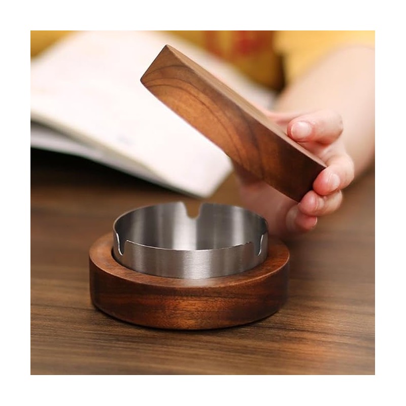 Wooden Ashtray With Stainless Steel Inner Box - Flameproof, Circular