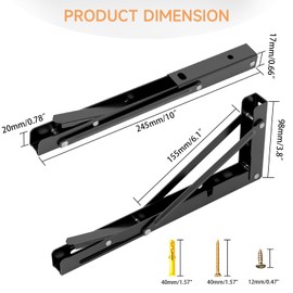 LSK Folding Shelf Brackets, 10 Inch Heavy Duty Collapsible Shelf Bracket, Wall Mounted L Table Hinges Brackets for Bench Table, Space Saving DIY Black Bracket, Max Load 220LBS, Pack of 2