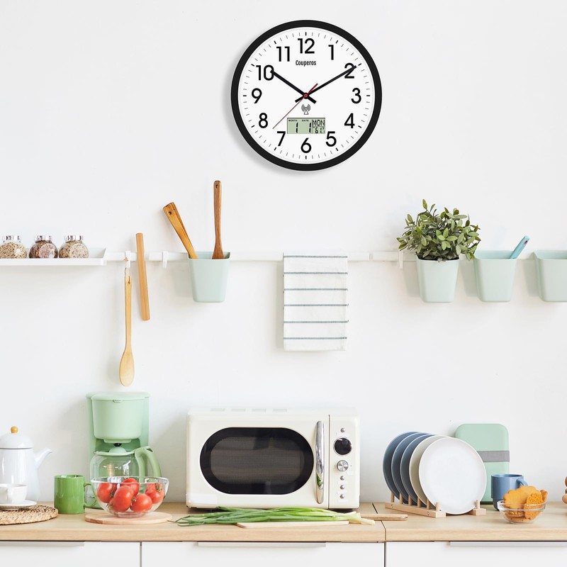 Couperos Analog Wall Clock,12inch Atomic Clock with LCD Display for