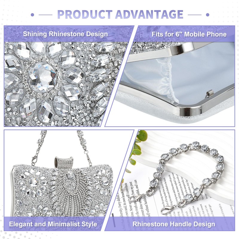 uxcell Evening Bags for Women, Sparkly Crystal Clutch Purse with