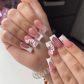 3D Flower Press on Nails Medium Coffin Fake Nails with Floral Design White French Tip False Nails Glitter Pink Valentines Nails Medium Long Acrylic Glue on Nails Spring Stick on Nails for Women 24Pcs