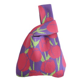 CCAIPU Knitted Tote Bag for Women, Reusable Shopping Bags Cute Fashion Mini Handbag Casual Hand-Carry Tote Knitting Wrist Bag (Flower-Red)