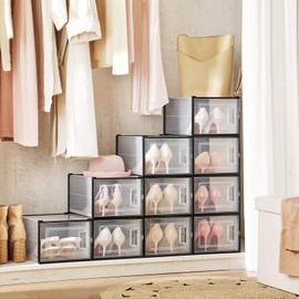 SONGMICS Shoe Boxes, Pack of 12 Shoe Storage Organizers, Stackable Clear Plastic Boxes for Closet, Sneakers, 9.8 x 13.8 x 7.3 Inches, Fit up to US Size 9.5, Transparent and Black ULSP007B12