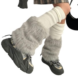 Urieo Faux Fur Warm Leg Warmers Furry Grey Knitted Long Footless Socks Fluffy Boot Cuff Winter Knit Fuzzy High Leg Sleeves for Women