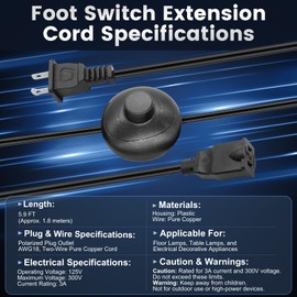 Hohnnyreet Foot Switch 5.9FT Extension Cord with On/Off Switch, AWG18 125V Two-Wire Extension Cord Polarized Plug Outlet, for Floor Lamp, Table Lamp, Christmas Tree Appliance.