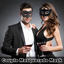 Kurmingary Couple Masquerade Mask Set, Mysterious Valentine's Day Dance Venice Masks with Glitter Side Flower Ball for Party Props - Black