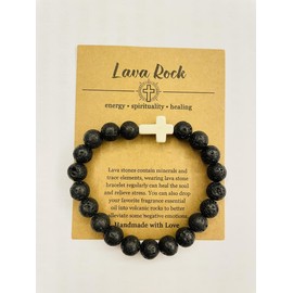 Yecomsy Christian Bracelet Cross Beaded Bracelets Jewelry Natural Healing Stone Inspirational Faith God Stretch Bracelet Religious Jewelry-Lava Stones