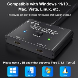 USB C Switch 2 PC 8K @ 60Hz 4K @ 120Hz, Bidirectional USB C Switcher for 2 PCs, 2-in-1 out/1 in 2 out, 10Gbps Data Transfer, 100W Charging, Type C KVM Switch with Wired Remote and 2 USBC Cables